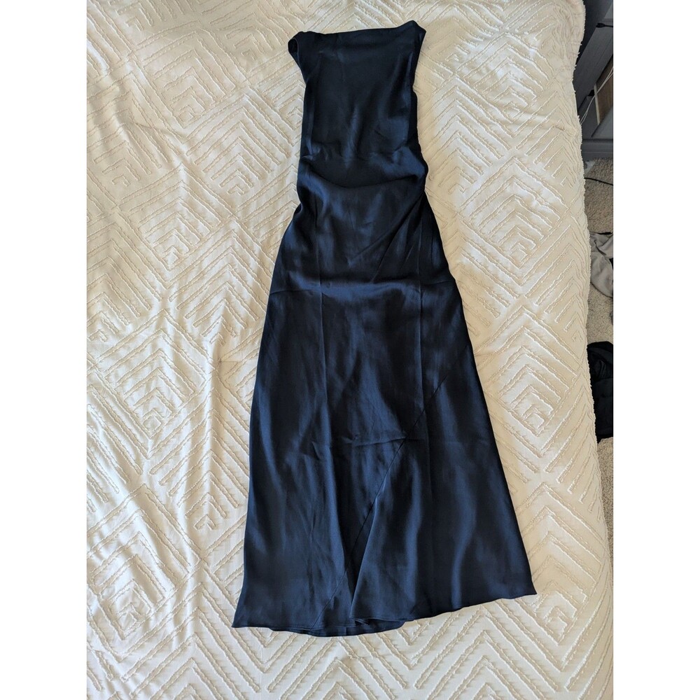 Nwot Quince washable stretch silk high neck midi dress navy Small - Picture 2 of 8